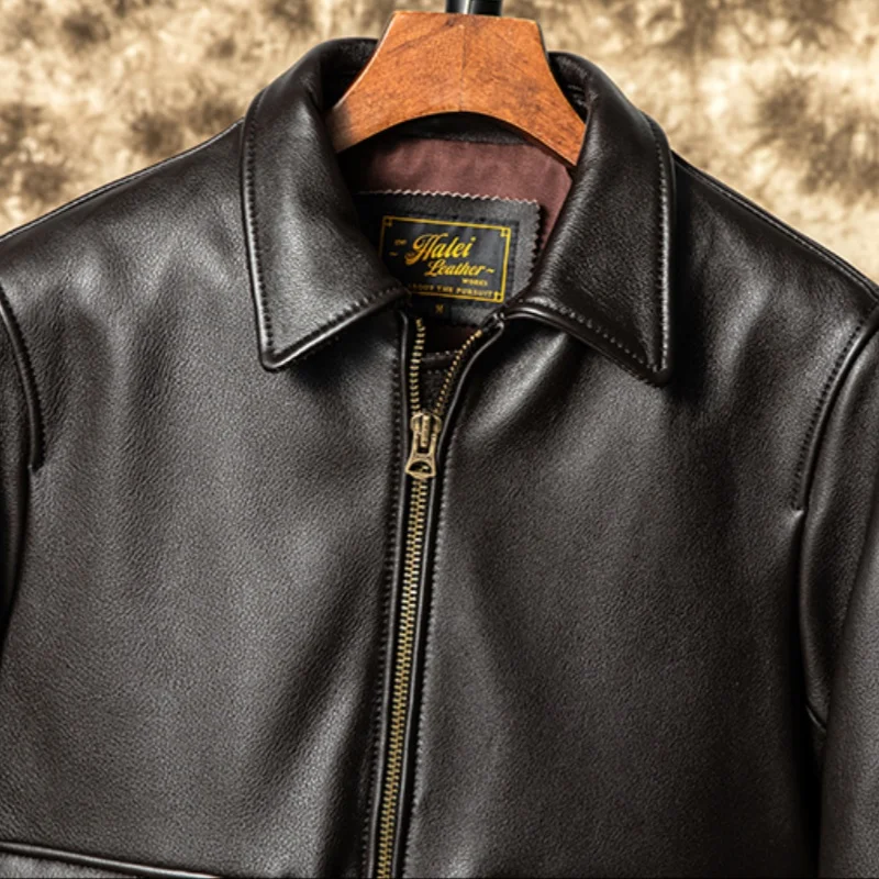 Dark Brown Autumn Pilot Leather Jacket Men Military Style Plus Size 5XL Natural Cowhide Slim Short Aviation Genuine Leather Coat