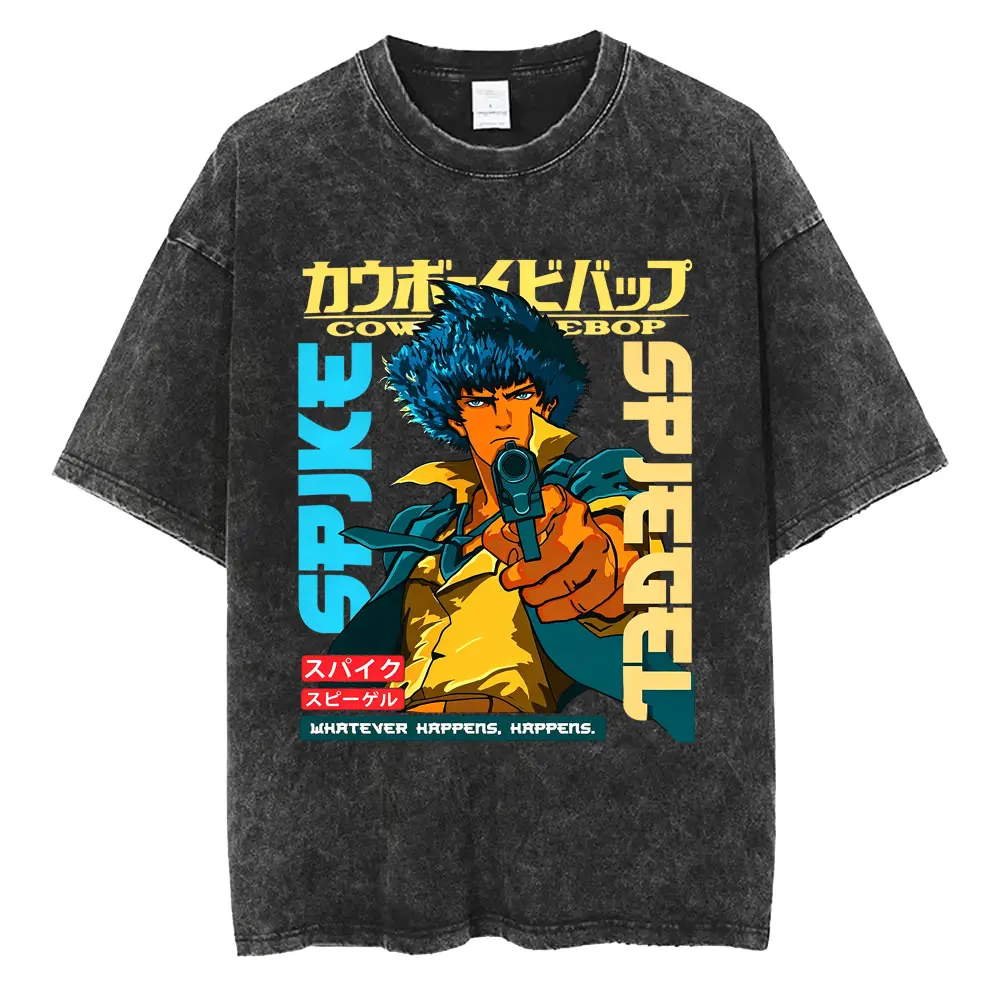 Washed Vintage Anime Cowboy Bebop Graphic T-shirt Retro Manga Spike Spiegel Print T-shirts Men Women Hip Hop Oversized T Shirts