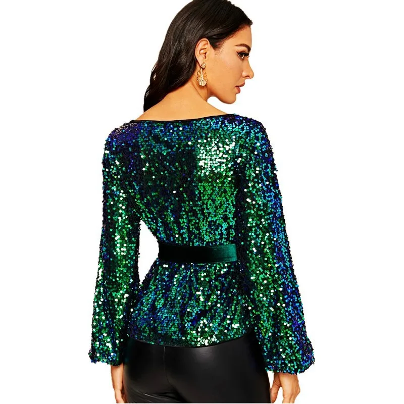 Womens Long Sleeve Tops Streetwear Christmas Shirts Bling Sequins Outwear Festival Costumes Fashion