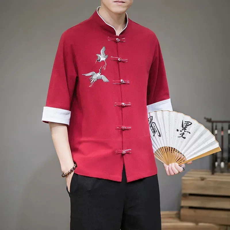 Spring Chinese Style Loose Shirt Tang Jacket Men Vintage Cotton Linen Buckle Crane Embroidery Half Sleeved Tang Suit Top Kung Fu