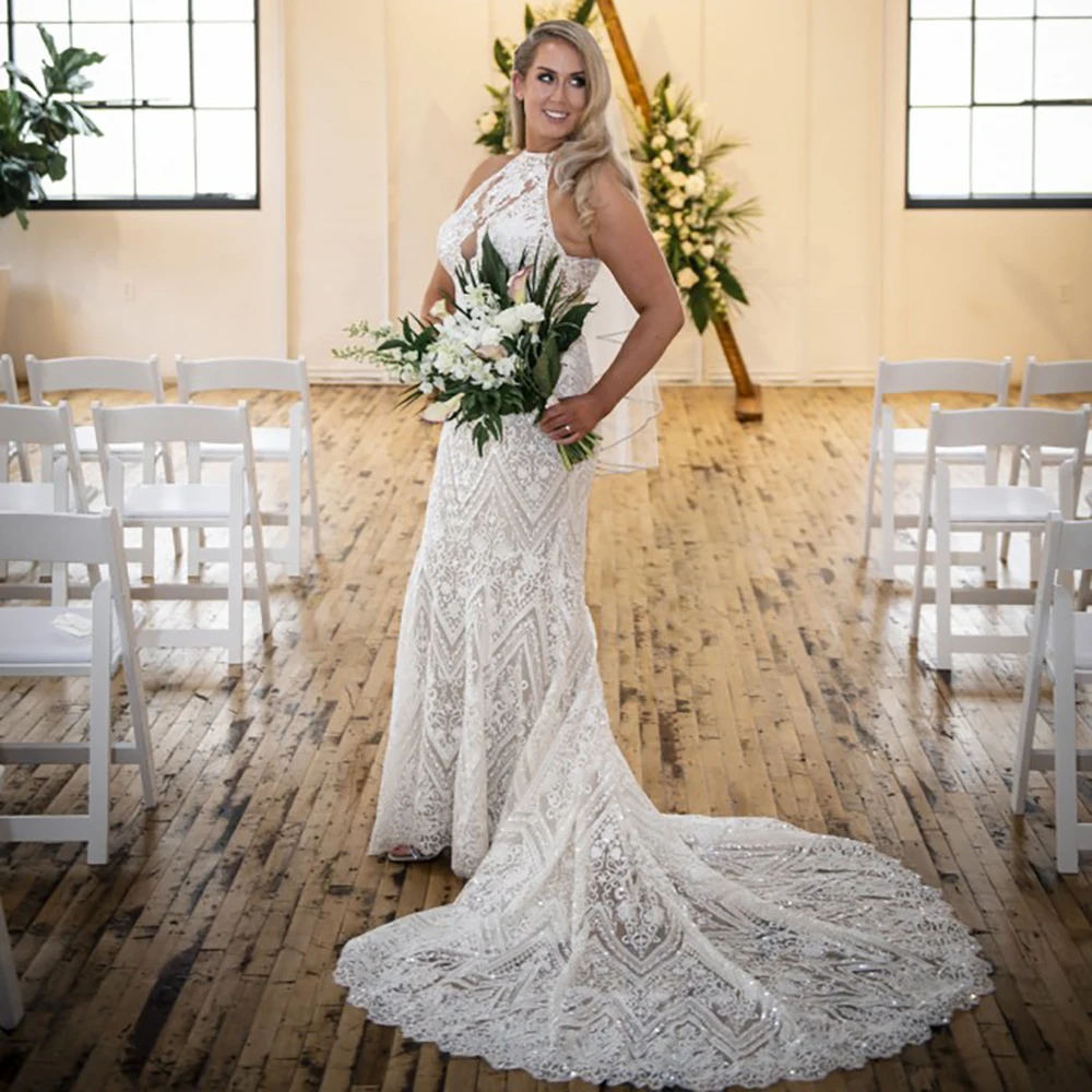 Vestido de novia tubo de cuello alto de encaje geométrico ilusión personalizada cierre de botones recortados elegante vestido de novia de sirena sin mangas