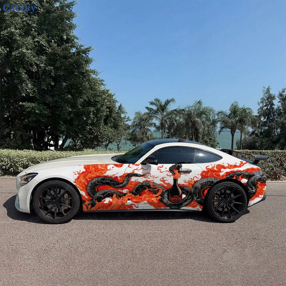 2pcs Blazing Snake Bottle Realm, Durable, Fade-resistant, Enhance Vehicle Aesthetics With Bold Artistic Design Car Vinyl Wraps