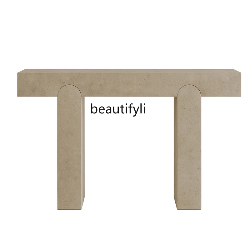 

French light luxury travertine entrance table entry narrow table Nordic minimalist natural marble against the wall