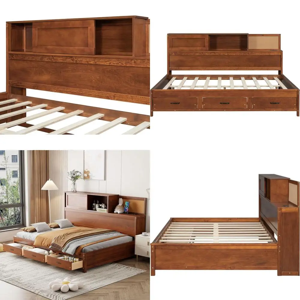 

Walnut Daybed with 3 Drawers, Bookcase, USB Ports, and Sliding Doors - Space-Saving for Kids, Teens, Adults