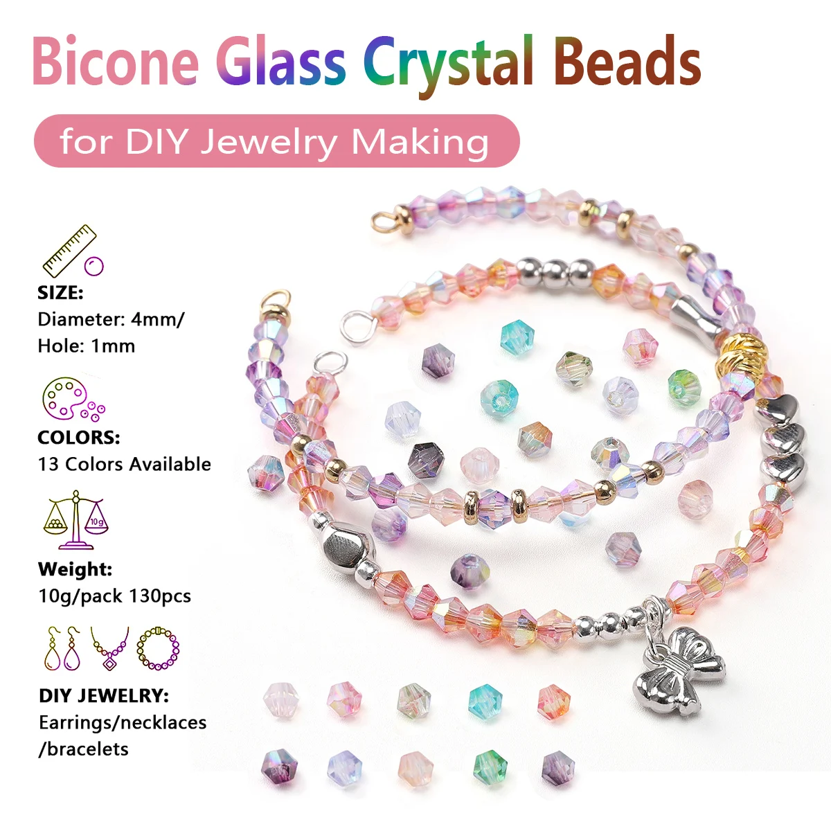 4mm Iridescent Two-Color Bicone Glass Beads 130pcs AB Aurora Faceted 1mm Hole for DIY Bracelet Necklace Earring Jewelry Making
