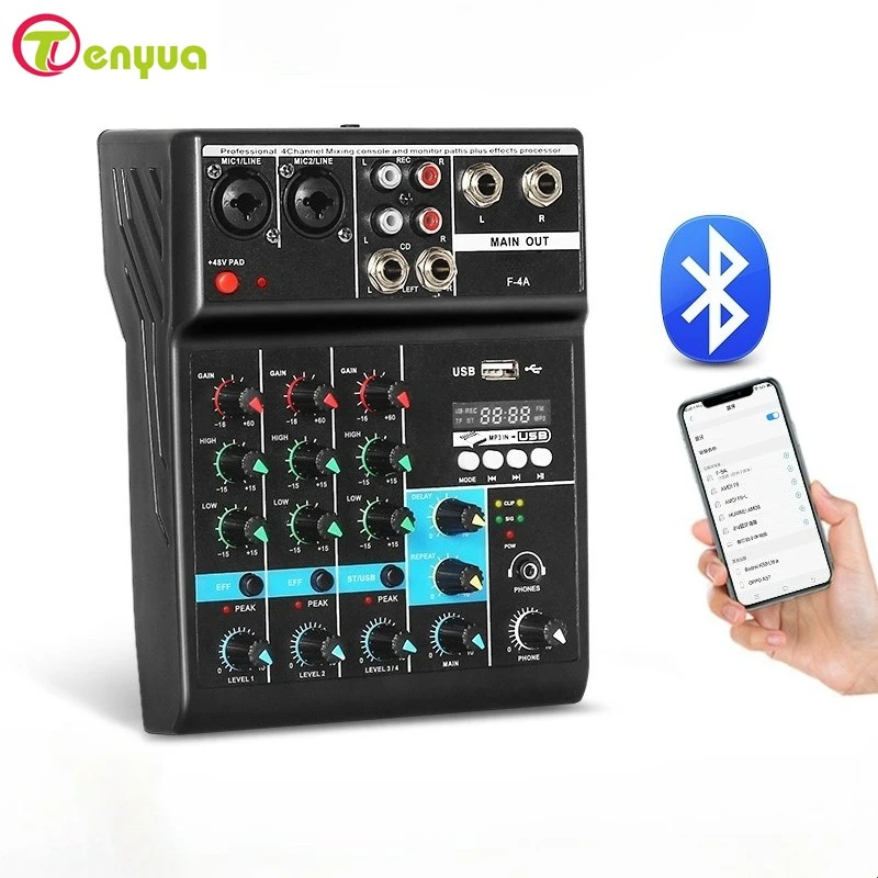 Professional 4-Channel Sound Mixer Console Mini Audio Mixer Sound Card Computer Input 48v Power USB Computer Record