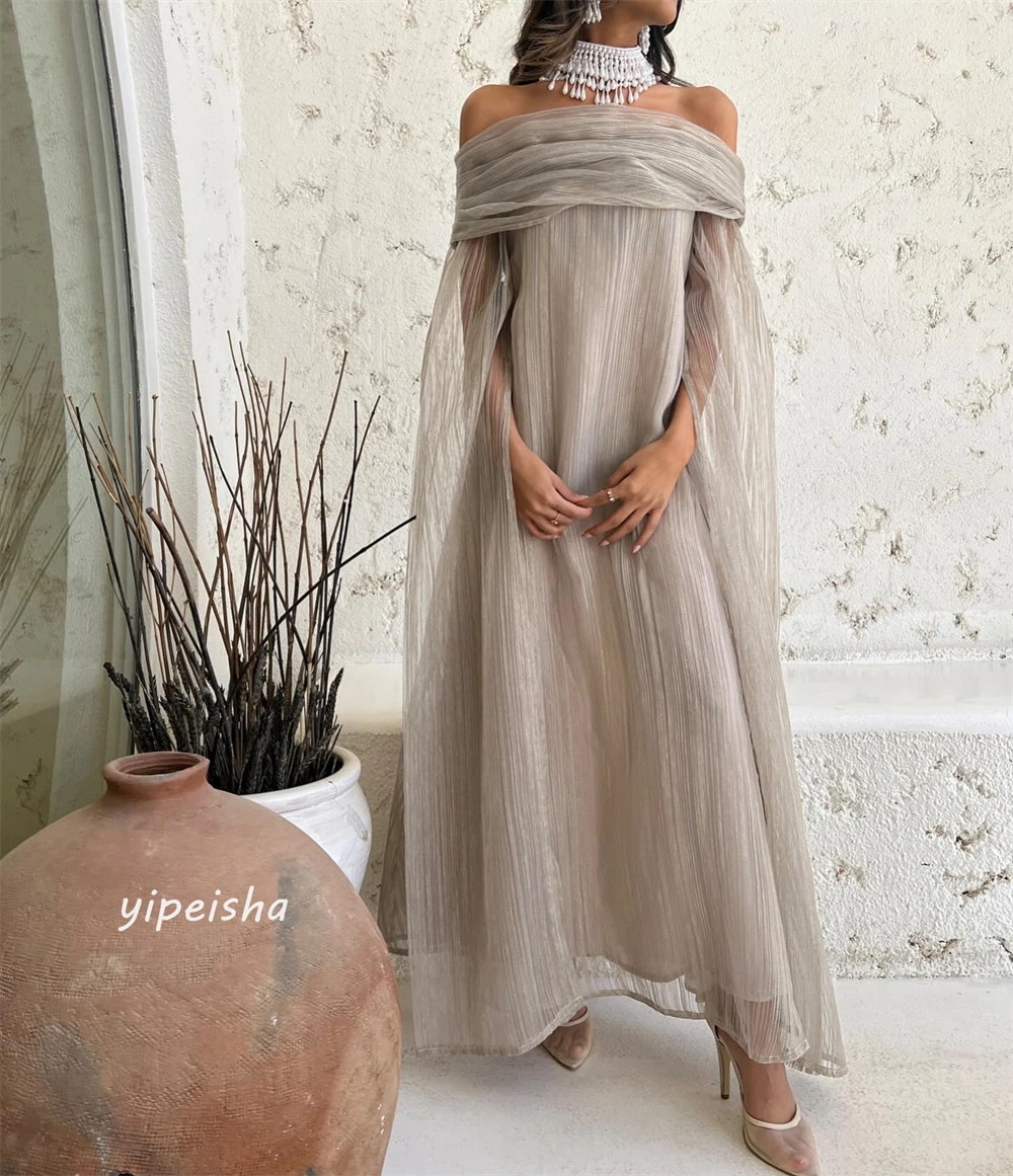 Gaun Midi Jersey Ruched, gaun acara Off-the-shoulder bentuk A