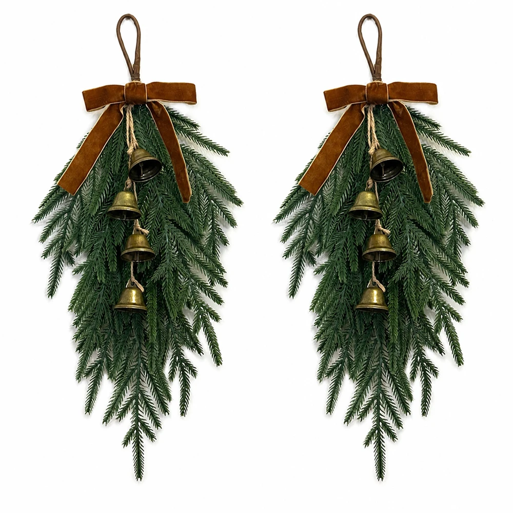 2PCS Christmas Decorations Hanging Swag with Velvet Bow and Bells 20'' Faux Pine Hanger for Door Home Holiday Navidad Xmas Decor