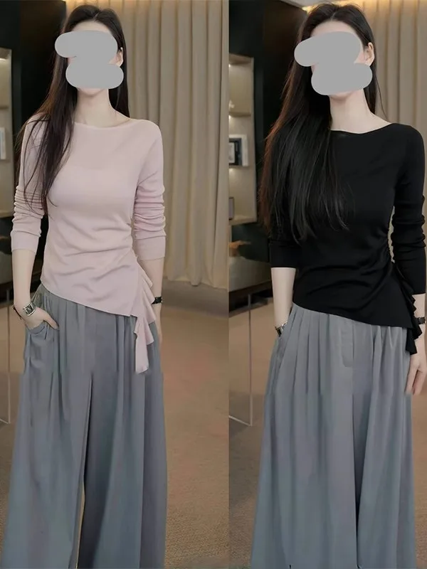 Top de punto rosa de manga larga con dobladillo lateral para mujer, top irregular plisado con abertura, estilo coreano, para ir al trabajo, ajuste ceñido, camiseta de moda.