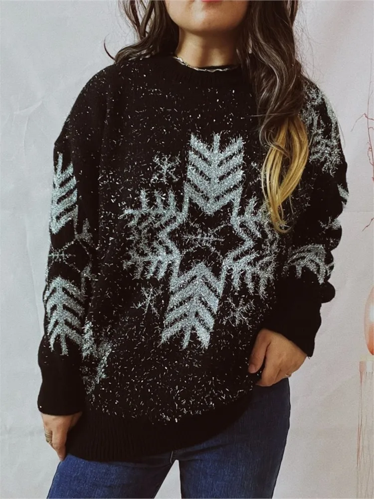 Feio natal camisola de malha para as mulheres outono inverno 2024 nova moda brilhante solto pulôver feminino o-pescoço manga longa jumper