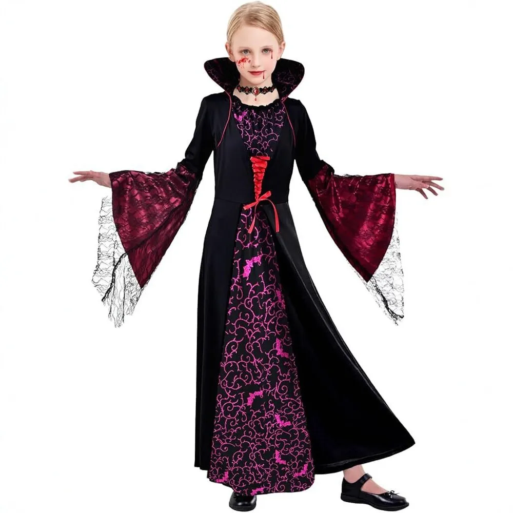 Girls Medieval Vintage Witch Costume Long Sleeve Flared Sleeve Lace‑Up Collar Print Dress For Halloween Carnival Cosplay