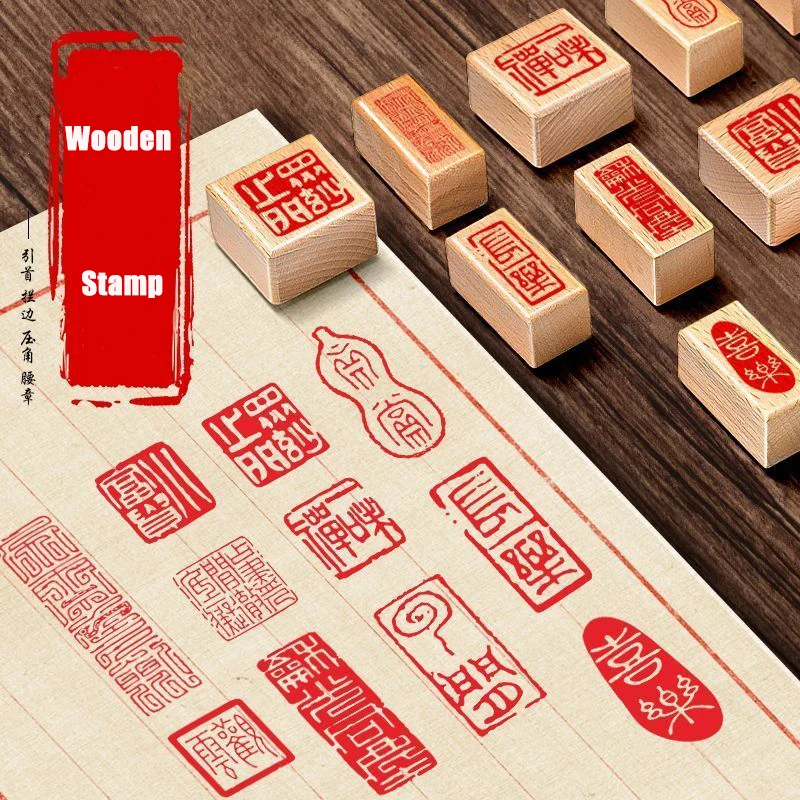 Vintage Wooden Stamp Hand Account Scriptures Mini Stamp DIY Engraved Chinese Calligraphy Stamp Wooden Craft Stationery Supplies