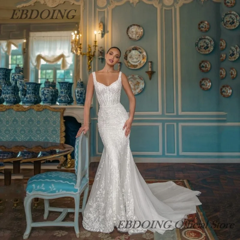 EBDOING Vestido de noiva sereia renda 2 em 1 sem mangas com costas longas abertas vestidos de noiva personalizados