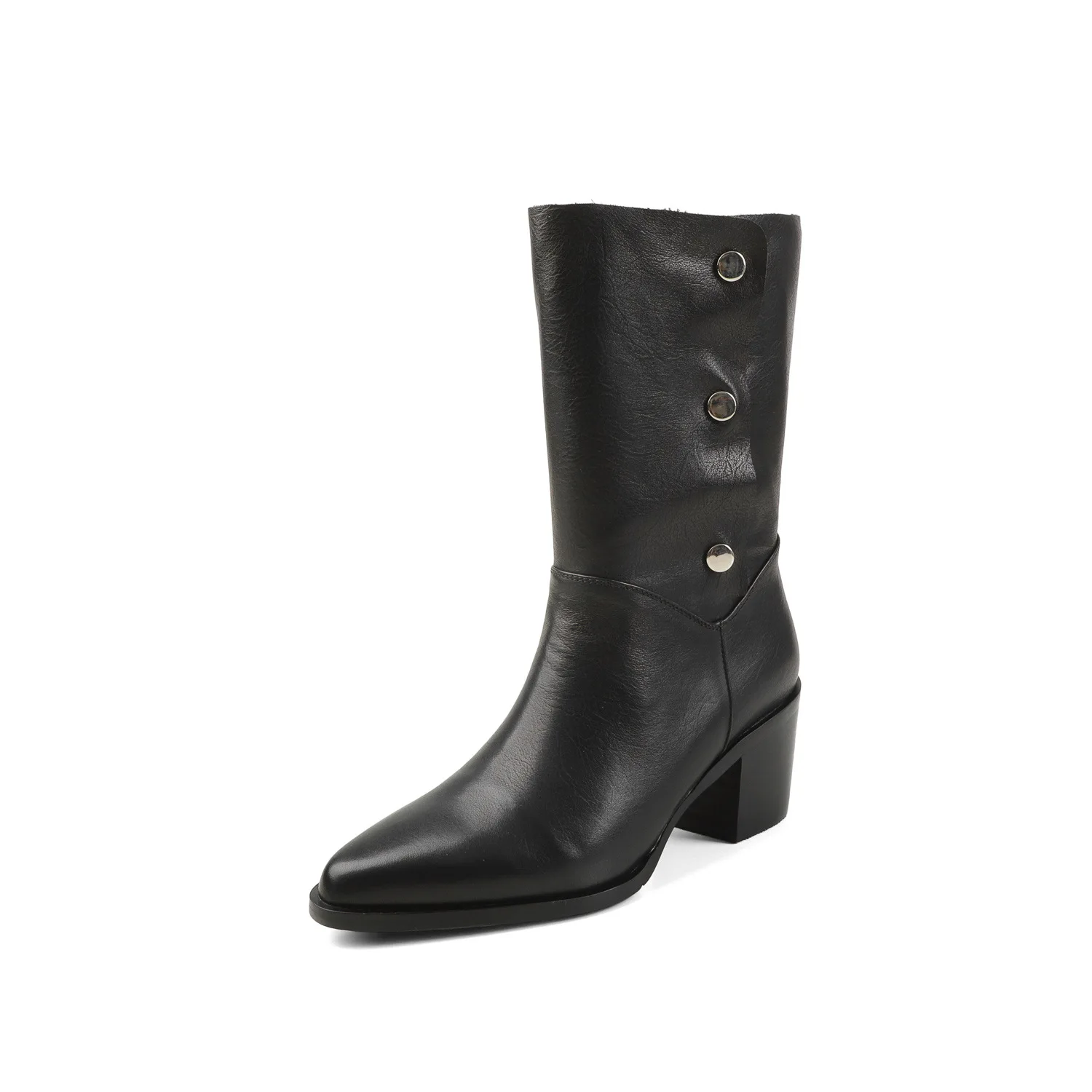 Arden Furtado Women's Short Boots Autumn Brown Cowhide Pointed Toe Pull-On Chunky Heels Western Style Large Size Rivet Detail