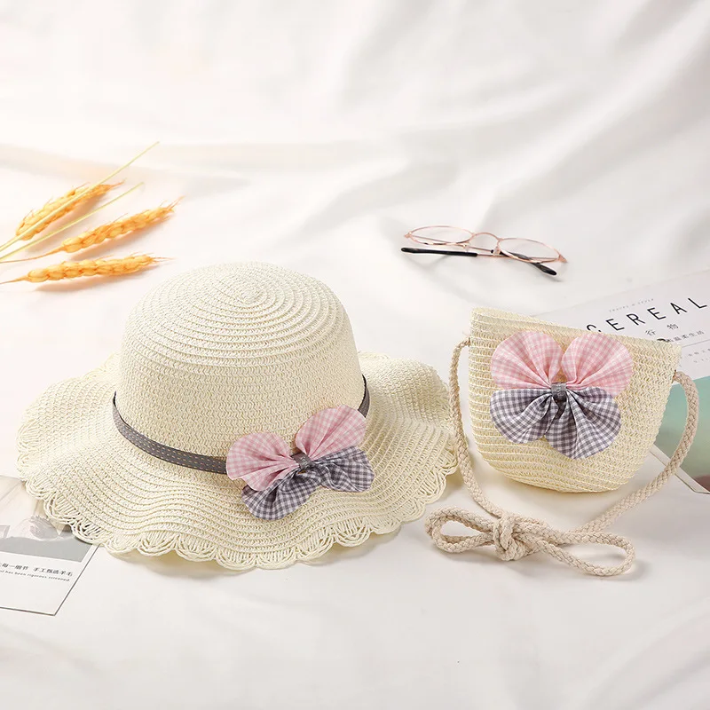 Girls Straw Hat Set Tourism Sun Hat Flower Children Sun Hat and Bag Set Baby Outdoor Wide Brim Bucket Hats