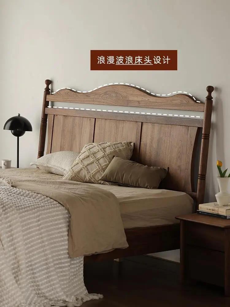 Double bed, Nordic black walnut, 1.8m wedding bed, vintage Roman columns, master bedroom, vintage bed