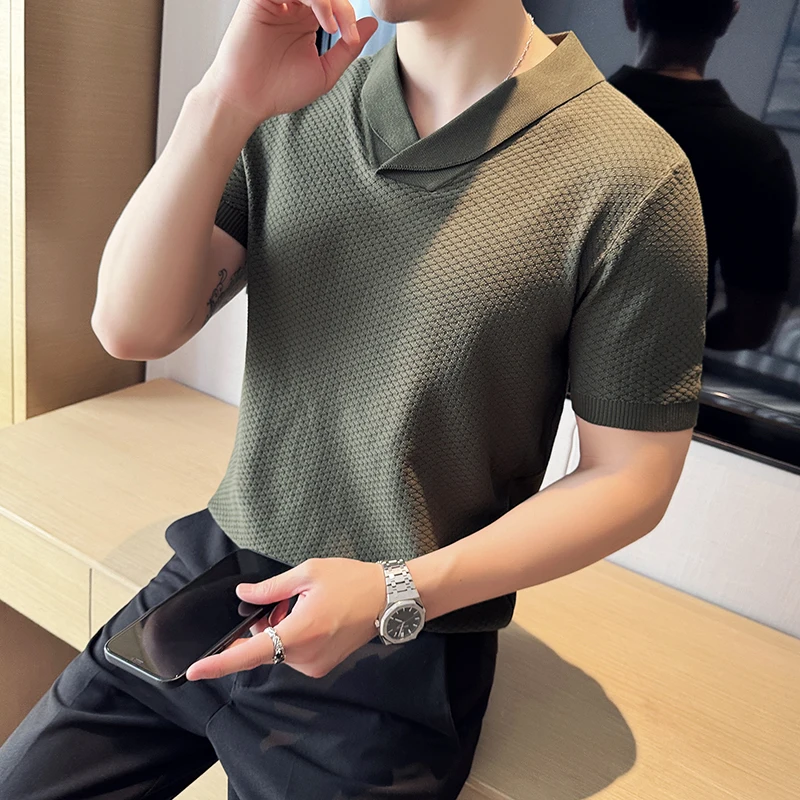 New Style Men\'s V-neck Knit Short-sleeved T-shirt Men\'s Summer Business Casual T-shirt Brand Clothing 3XL-M