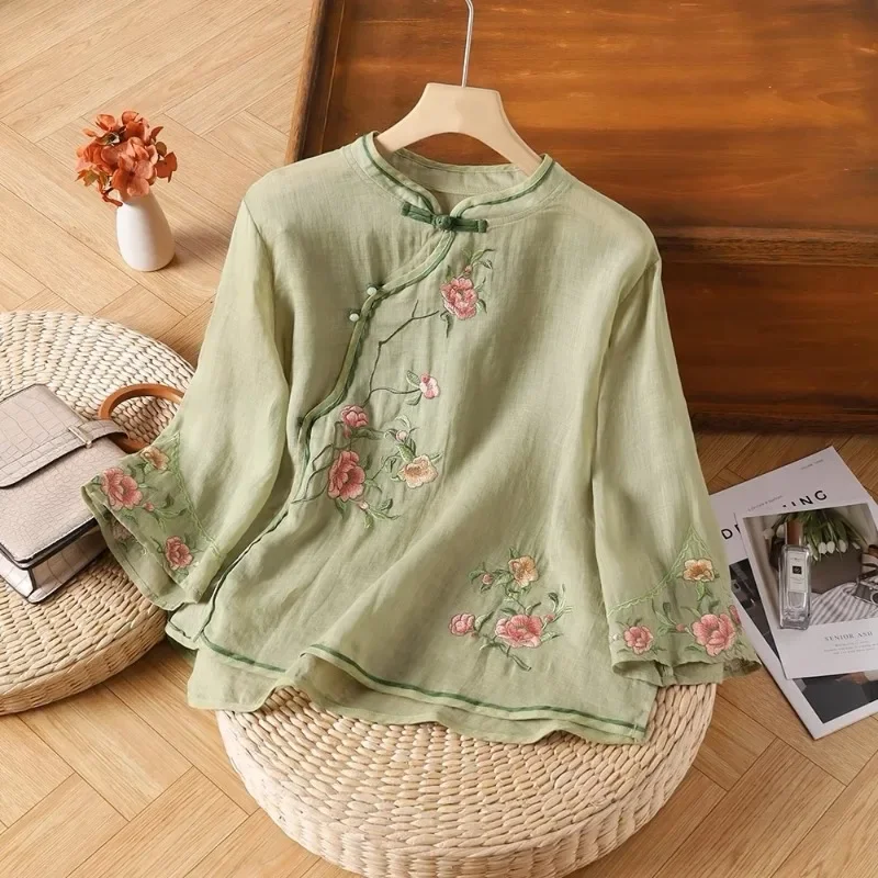 Cotton Linen Women's Shirt Summer Embroidery Chinese Style Blouses Trend 2024 Clothing SALES Loose Vintage Short Women Tops