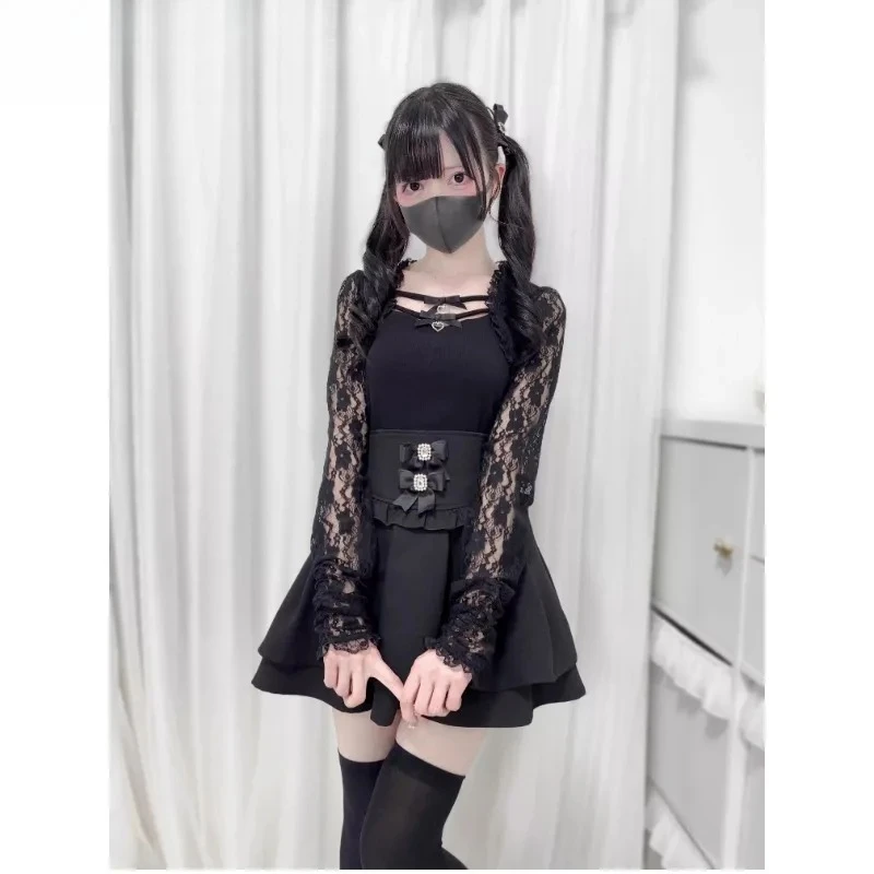 Słodkie, urocze dziewczęce uniwersalne bluzki z długim rękawem, japońskie wiosenne i letnie nowe bluzki z kokardkami, koronkowymi wstawkami i dzianinowymi topami.