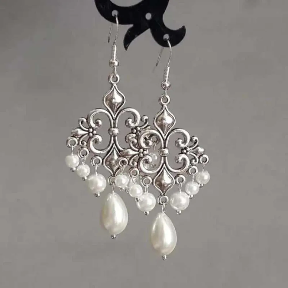 Fashion Charm Sliver Color Stainless Steel Geometry Hollow-out Pattern  Imitation Pearl Tassel Dangle Earrings for Women Jewelry