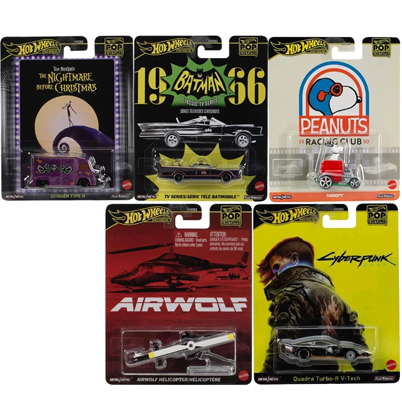 Original Hot Wheels Auto cultura Pop coche de Metal serie de Tv Batmobile Quadra Turbo Snoopy Citroen helicóptero Airwolf niño juguetes modelo