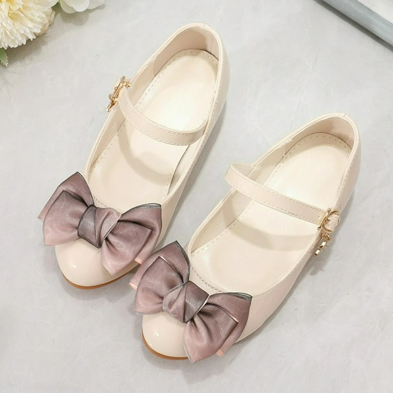 New Fashion High-heeled Children's Princess Shoes Versatile Bow Doudou Single Shoes Little Girl Leather Shoes