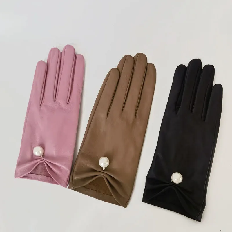 New Women\'s Leather Gloves Sheepskin Fashion Big Pearls Winter Warm Unlined Driving Gloves