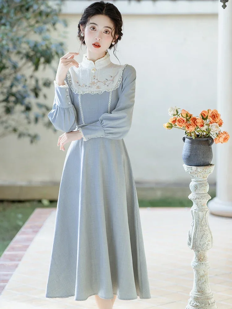 French Palace Style Retro Dresses for Women Blue Lace Stand Neck Embroidery Sweet Fairy Vestidos Fall Long Sleeve Elegant Dress