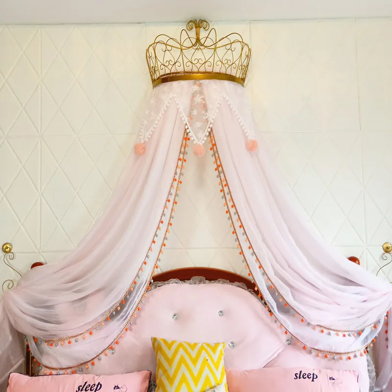 Nordic Cute Macaron Color Bed Canopy, Triangle Lace Hanging Sheer with Crown, Decorative Bedroom Home Wall Drape in Blue Tone