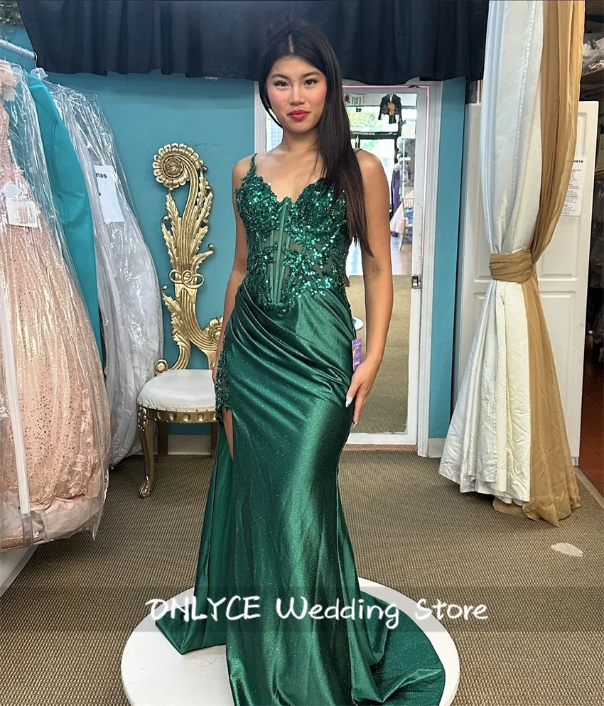 Emerald Green Mermaid Evening Dresses Corset Gown Side Split Beads Crystals Prom Dresses Birthday Party Gown Wedding