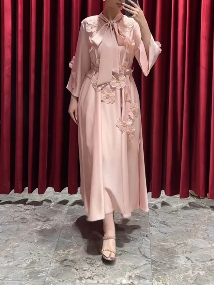 

Elegant Embroidery 3D Flower Dresses Spring Women Long Sleeves Lace Up Loose Dress New Autumn High Waist Solid Knee Length Dress