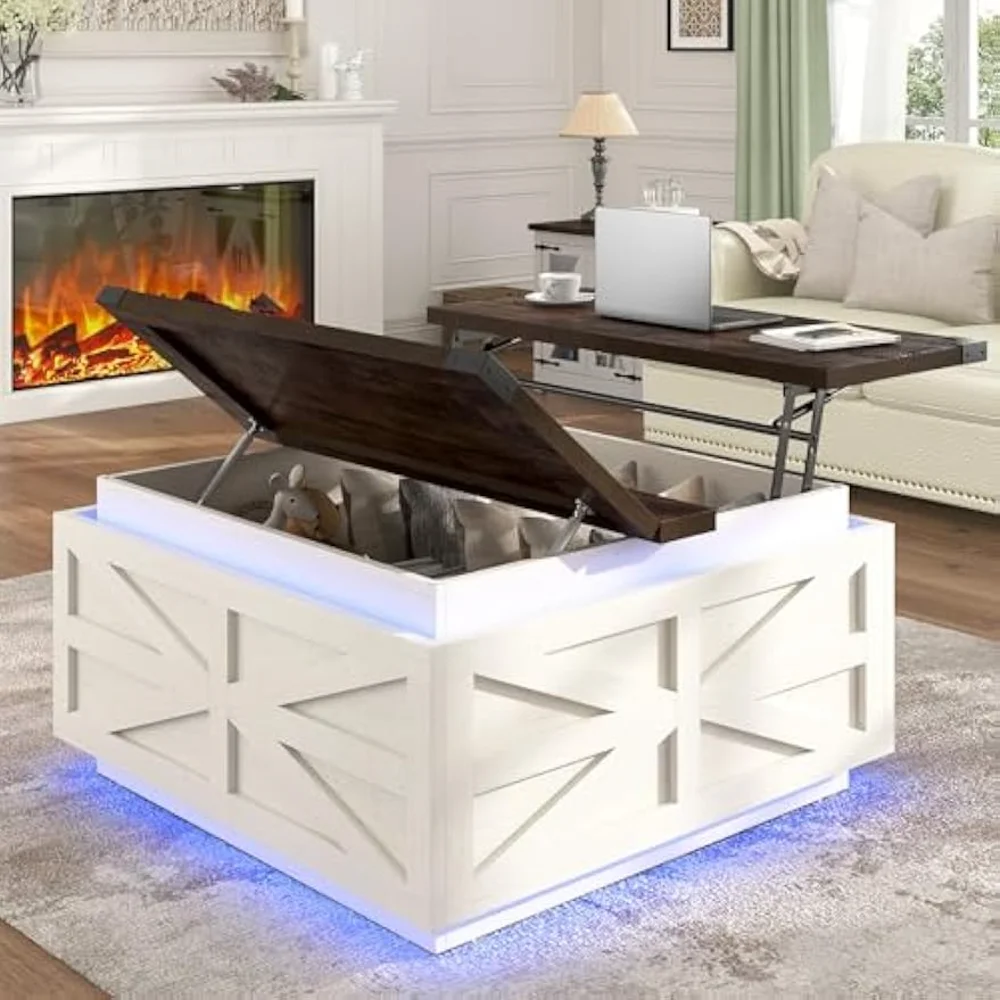 35.8" Farmhouse Lift Top Coffee Table with Storage，Square Coffee Table with LED Lights，Wood Square Center