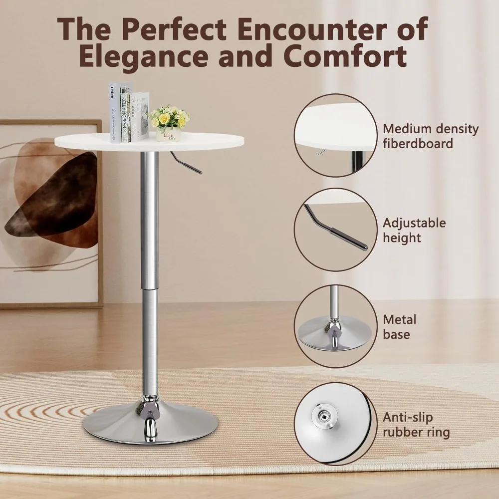Round Bar Pub Table, 26"-36" Height Adjustable Bistro Tables with Metal Base, 360° Swivel High Top Cocktail Table for Home