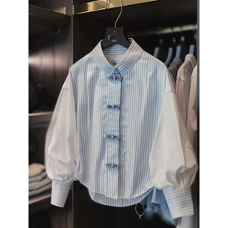 

Tang Suit Chinese Style Design Niche Chic Top Feminine Retro New Chinese Style Blue Striped Outer Shirt