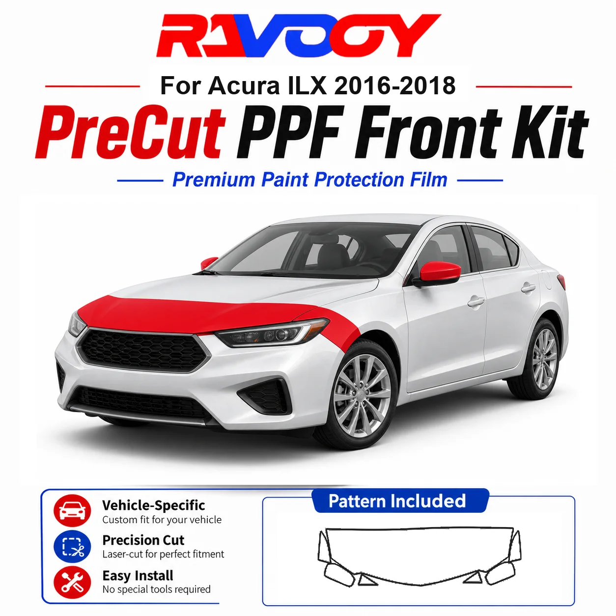 

8.5mil TPU Precut PPF Kit For Acura ILX 2016-2018 - Hood, Partial Fenders & Full Mirror Set - Self-Healing Gloss Clear Bra Film