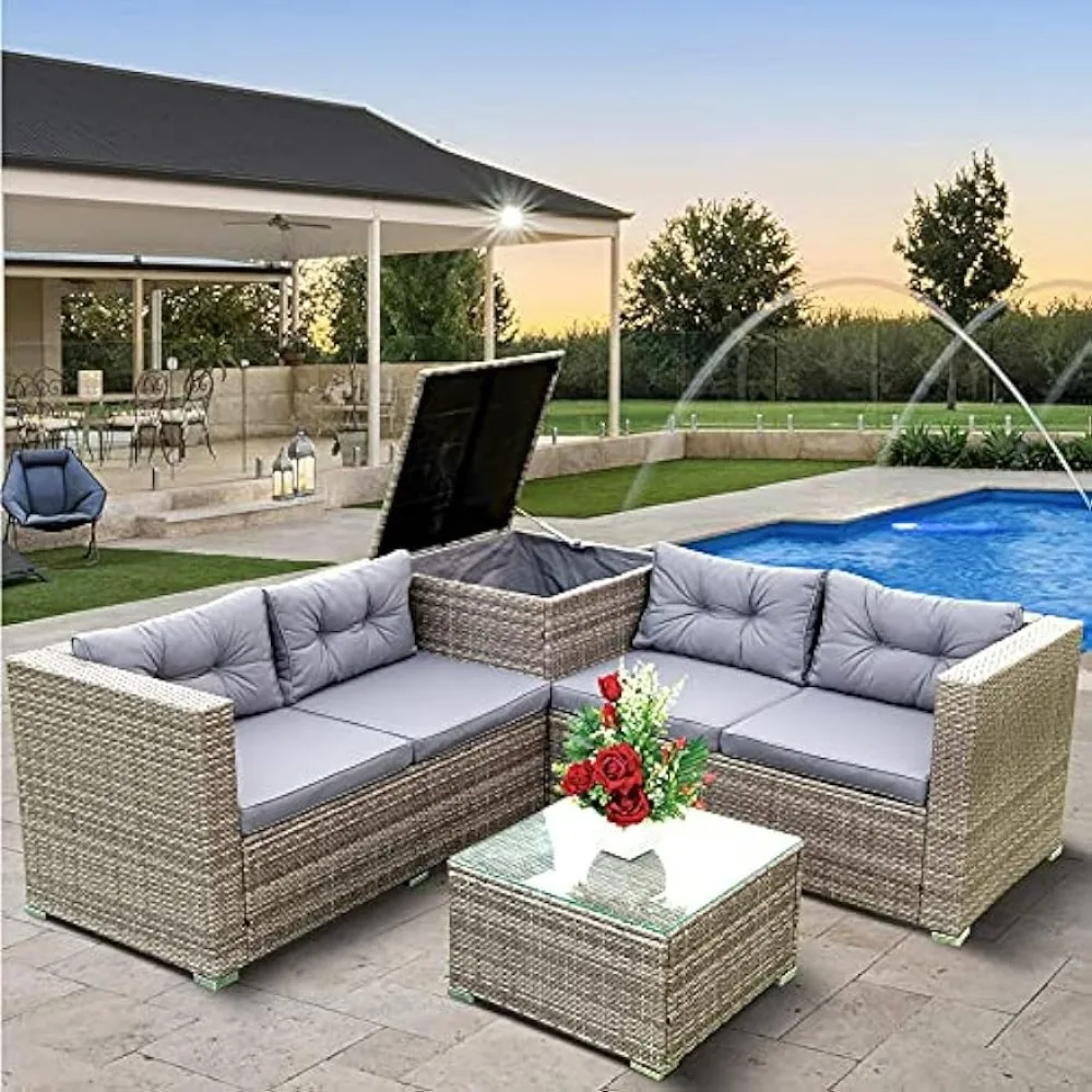 

Practical and Beautiful Sofa Set,4 Piece Patio Sectional Wicker Rattan Outdoor Furniture Storage Box,Sofas