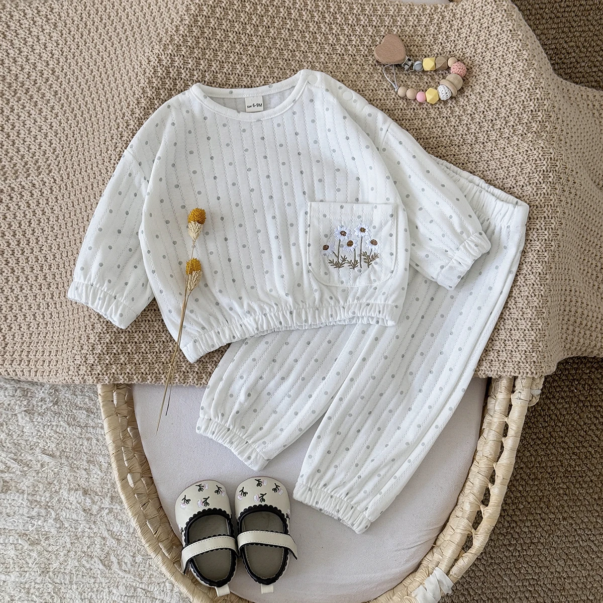 2Pcs/set Newborn Baby Autumn Infant Outfit New Baby Girls Clothes Dot Daisy Embroidery Top+Pants Casual Wear Baby 0-3Y