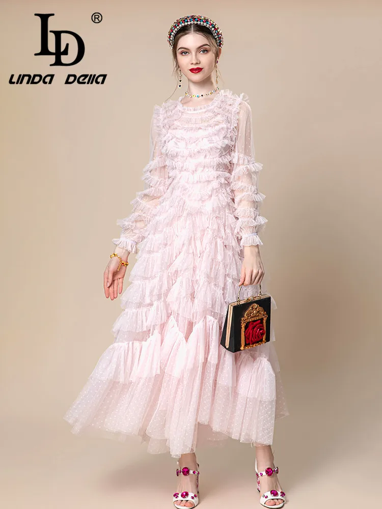 

LD LINDA DELLA 2024 Summer European style Elegant Pretty Dress Women Wave point Round Neck Cascading Ruffle Slim Fit Lace Dress