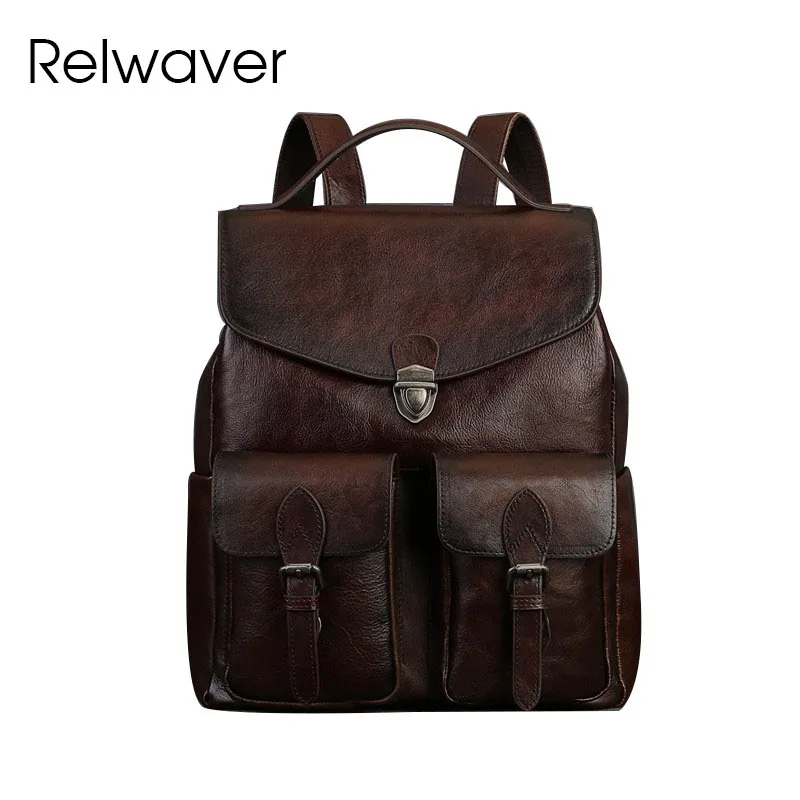 Relwaver men women backpack genuine leather England preppy style backpack brown coffee lock big travel backpack