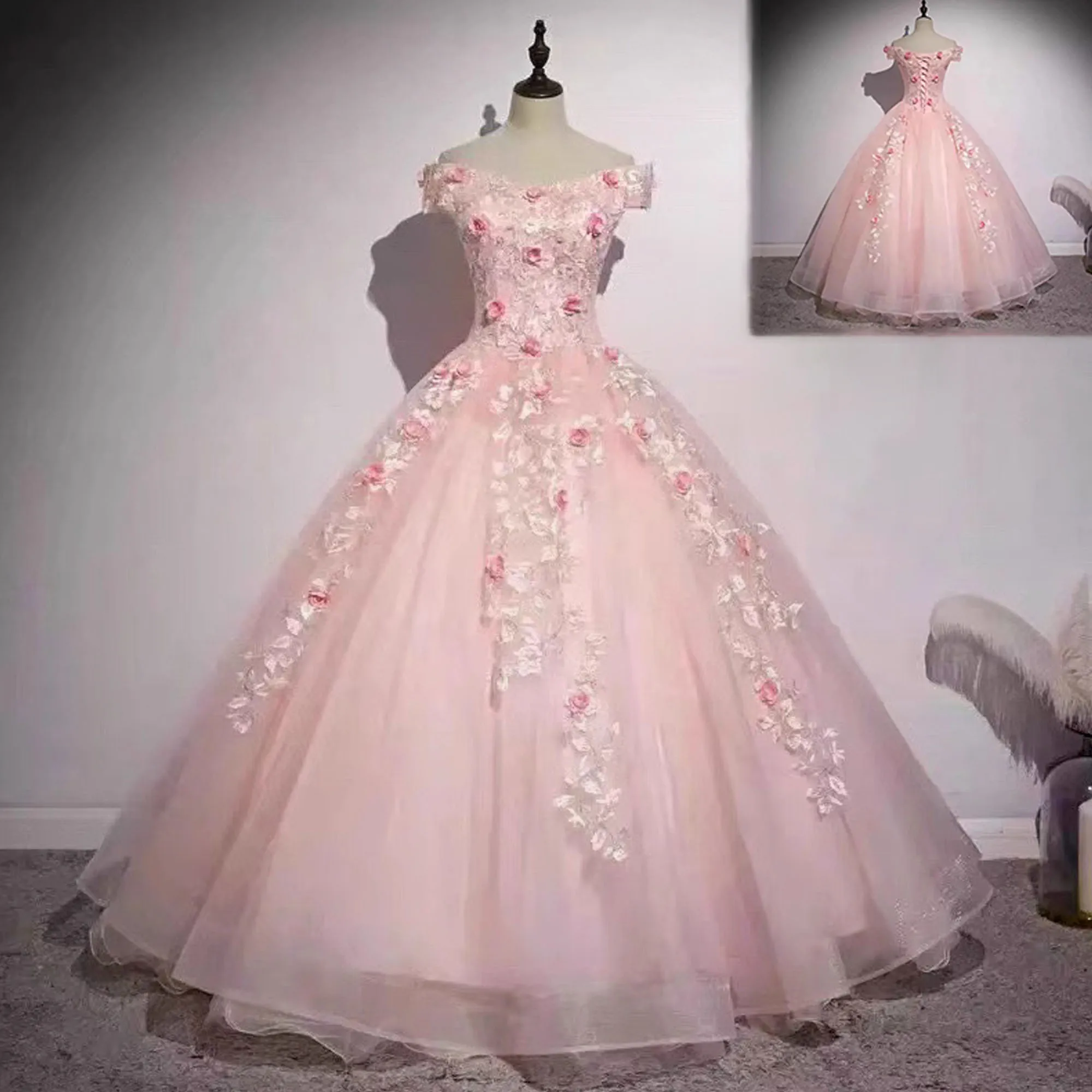 

JEHETH 3D Flowers Ball Gown Dress Exquisite Appliques Pink Ball Gown Lace Off The Shoulder Elegant فساتين سهرة فخم