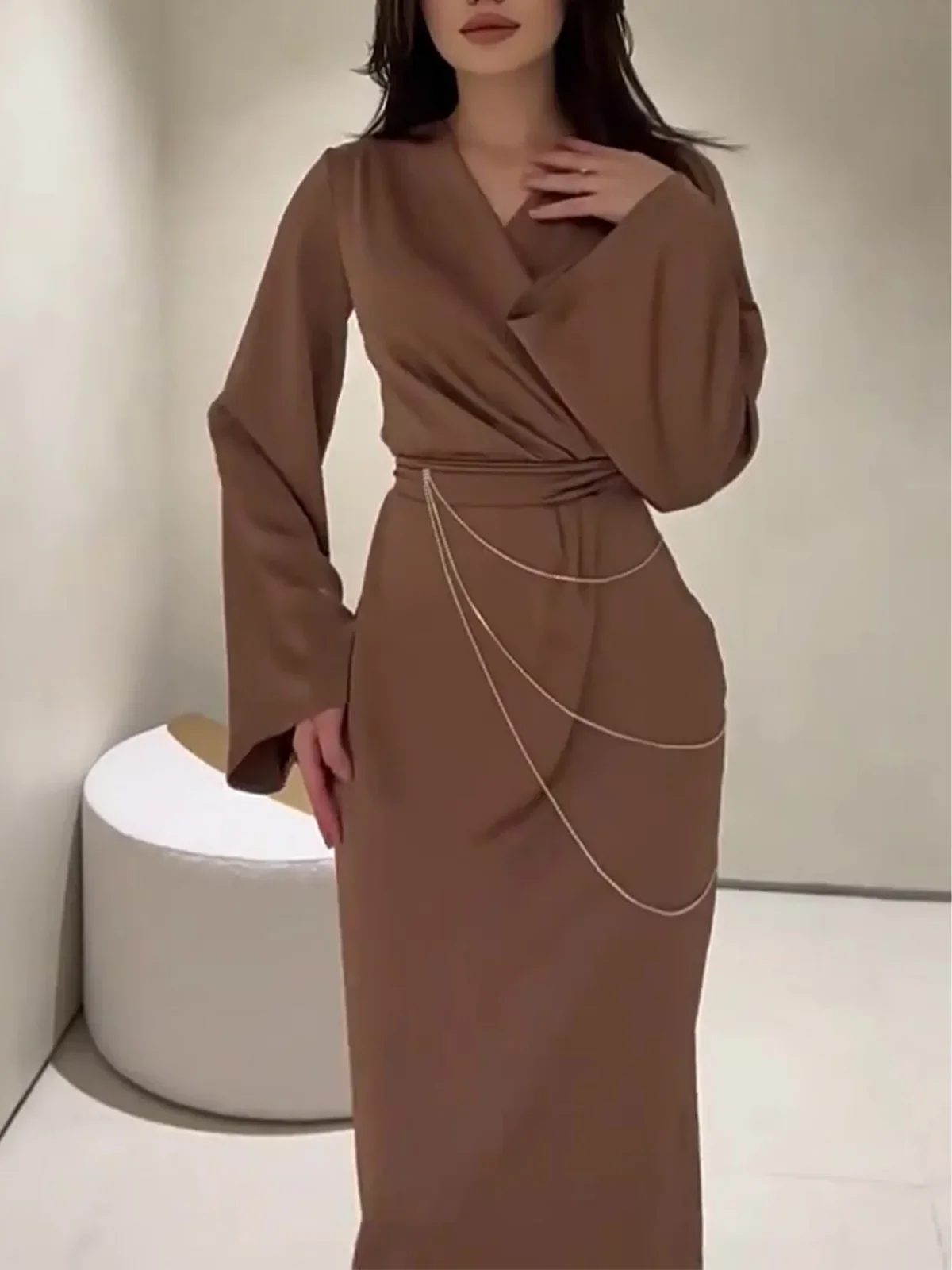 Laxsesu Elegant Bodycon Long Satin Dress 2024 Fall Winter V Neck Lace-up Chain Brown Dress Party Evening Maxi Dresses for Women