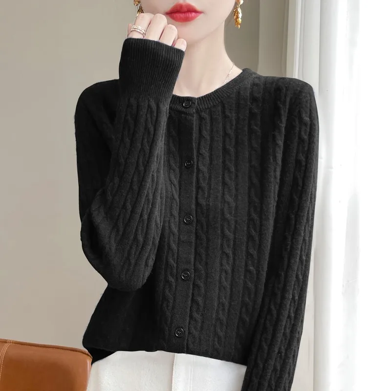 

2025 New O-neck Jacquard Sweater Women's Autumn Winter Casual Knitted Cardigan Elegant Long Sleeve Solid Color Women's Clothes