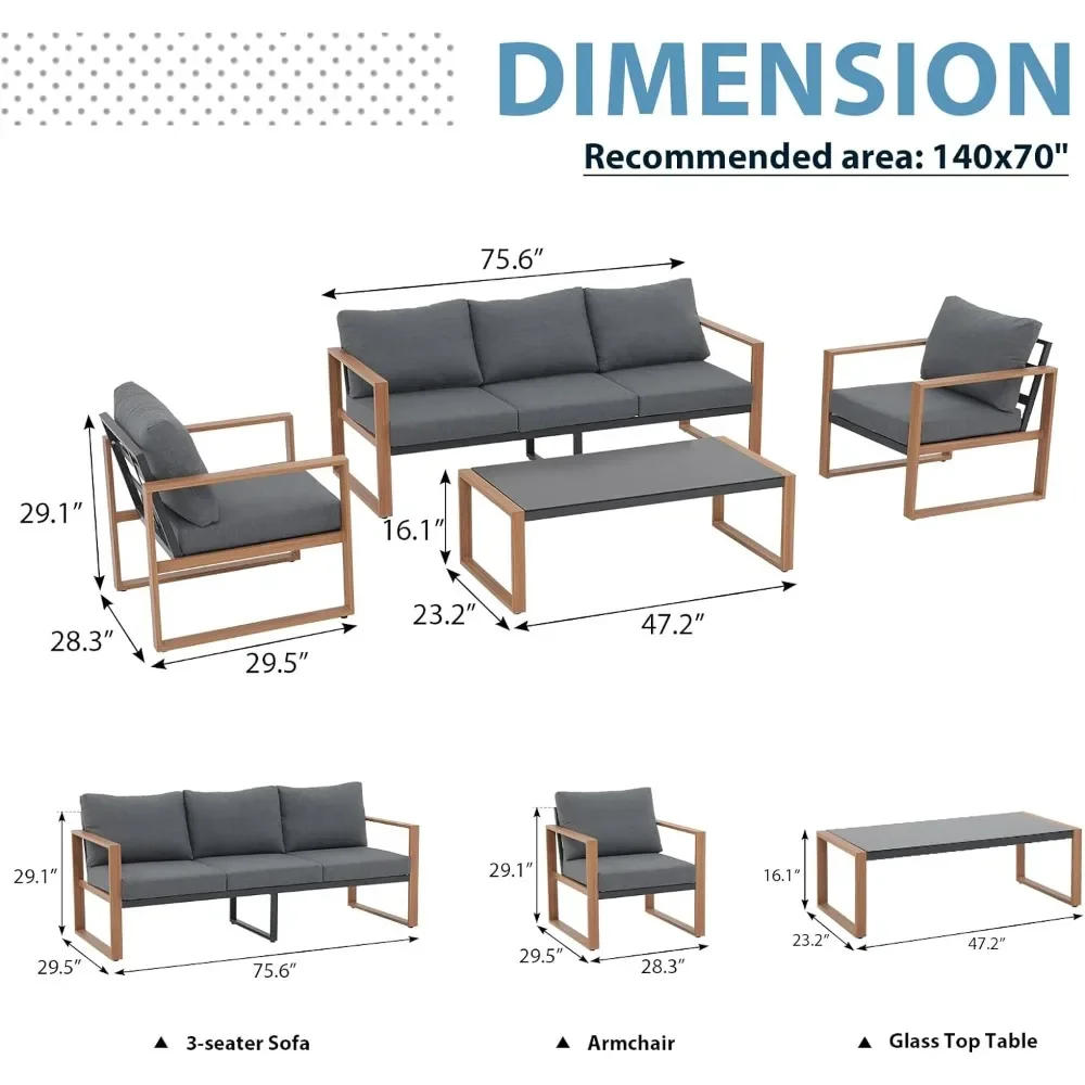 Aluminium patio furniture set, 4-piece outdoor patio U-shaped sofa, modern seating set, back cushion tempered glass coffee table