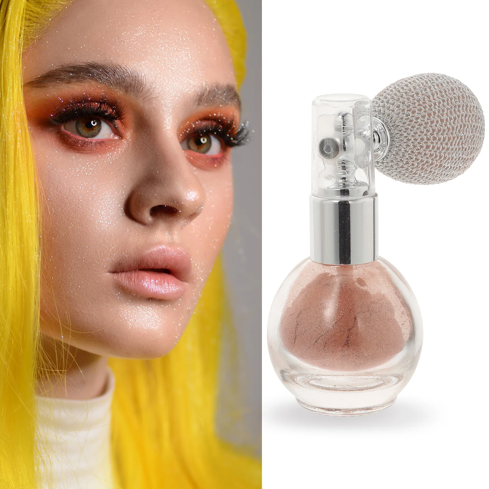 Spray de glitter para corpo, iluminador de cabelo, pó brilhante, pó solto, rosto, alto brilho, portátil, mini garrafa, casamento