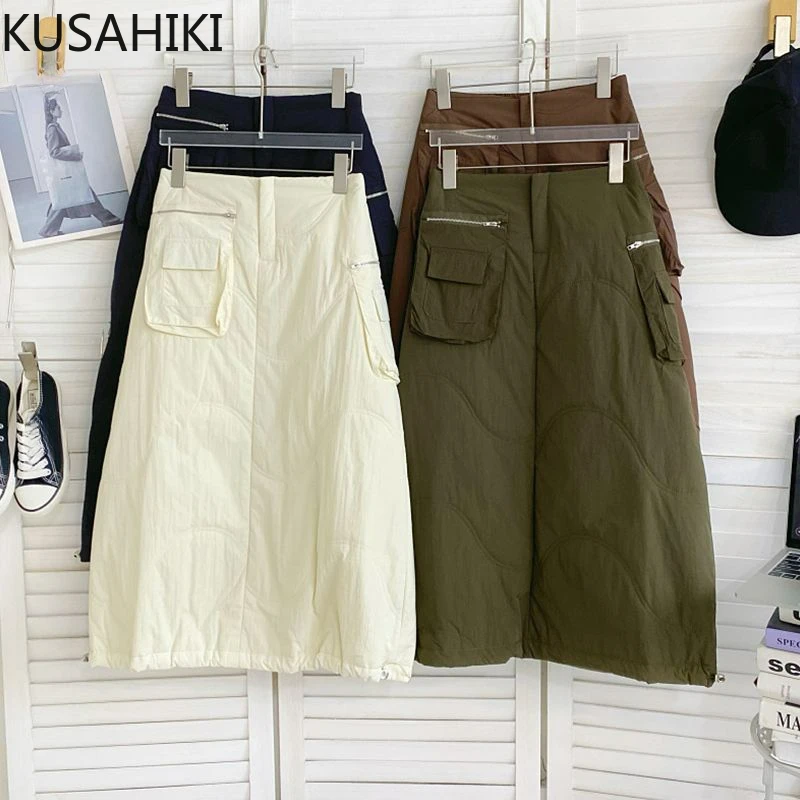 

KUSAHIKI Korean New Thick High Waist Safari Style Half Skirts Versatile Pocket A-line Mid-length Skirt