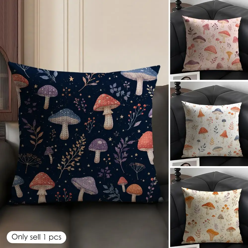 Autumn Woodland Fungi Cushion Cover Linen Organic Fabric Double-Sided Printing Sofa Breathable Home Decor Gift Pillow Case