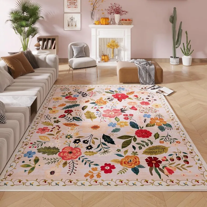 Living Room Carpet Floral Retro Machine Washable Non-slip Soft Mat Room Bedside Cloakroom Coffee Table Plush Rugs Alfombra 양탄자