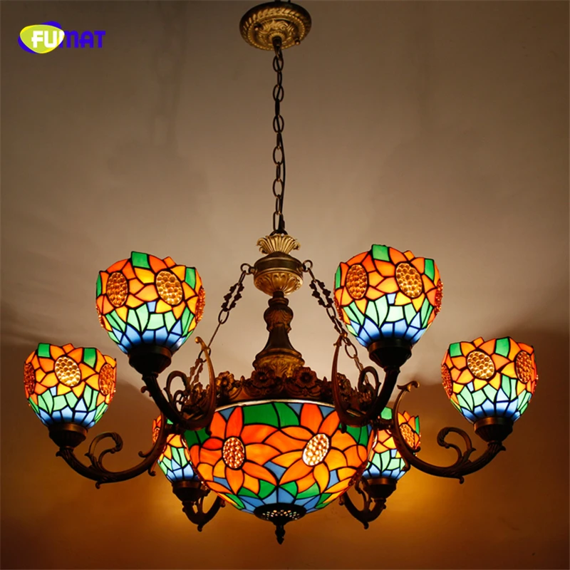 FUMAT Sunflower Shade Glass Lampshade Pendant Lights Tiffany Stained Glass Lights For Living Room European Classic Lightings