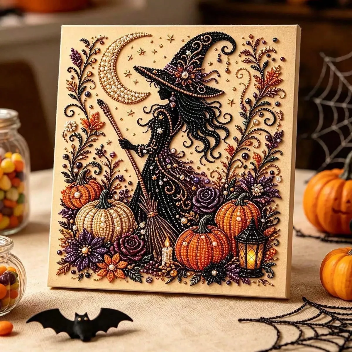 Halloween Hexen-Geister-Perlen-Kunst-DIY-Set, Perlen-Malset für Erwachsene, Halloween-Perlen-Diamant-Malerei (verschiedene Designs verfügbar: Highland-Kuh, Hexe, Geist, Kürbis, Schwarze Katze,