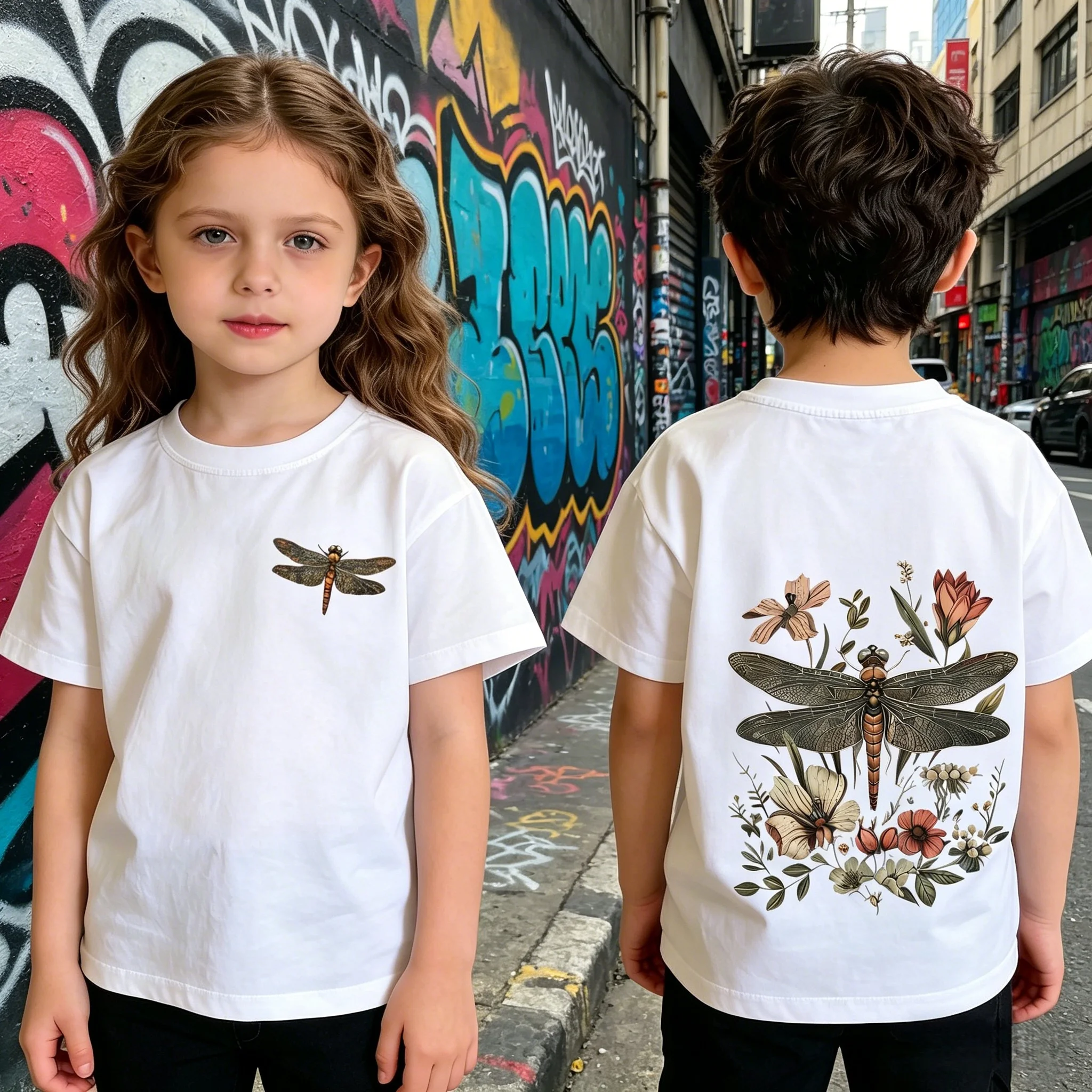 Dragonfly Floral Print Casual Cotton Short Sleeve T-Shirt Soft Breathable for Outdoor Picnic Nature Walk Summer Daily Wear